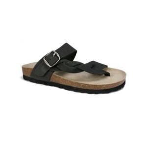Mountain Sole Black Leather Braided Strap Sandals US 8 Cork Footbed Buckle